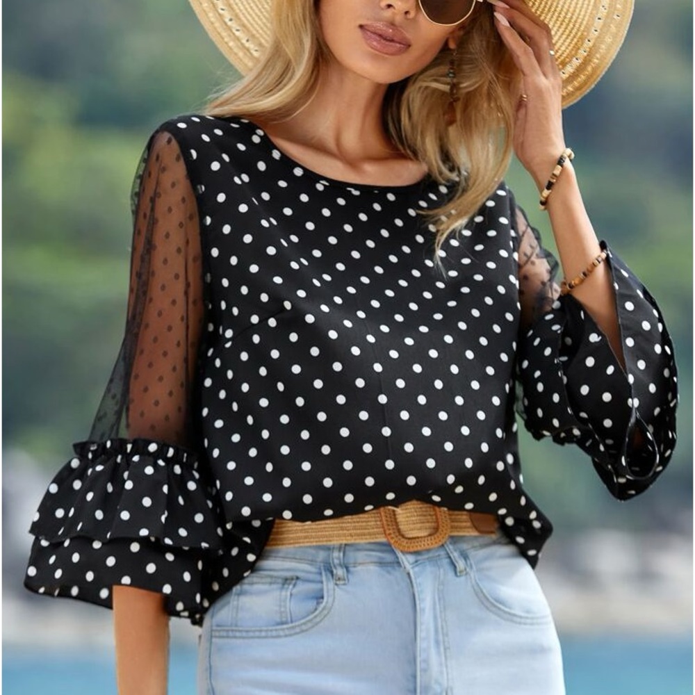 Boho Plus Size Top Sheer Mesh Swiss Dot Lace Ruffle Sleeve Blouse Shirt Black